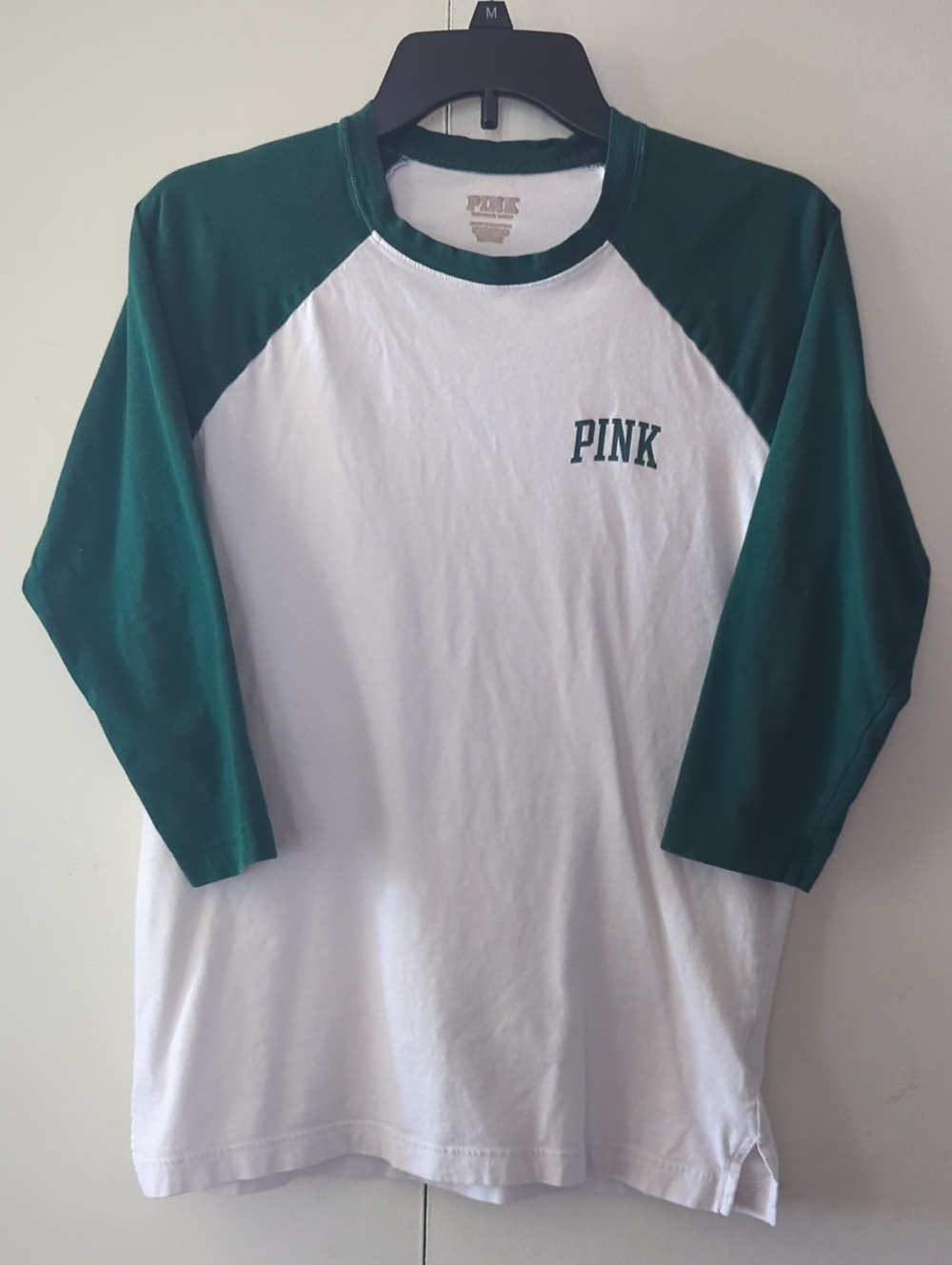 PINK Victoria's Secret White & Dark Green Raglan Long Sleeve Tee